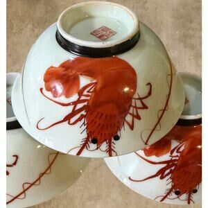 Vintage Japanese Hand-Painted Shrimp Rice Bowls – Set of 3